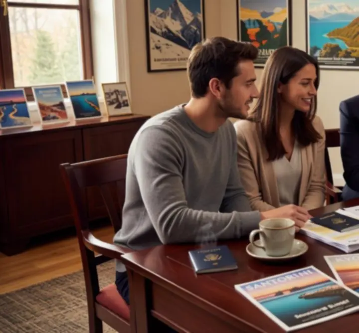 Konsultacja w biurze podróży – doradczyni prezentuje klientowi oferty wycieczek