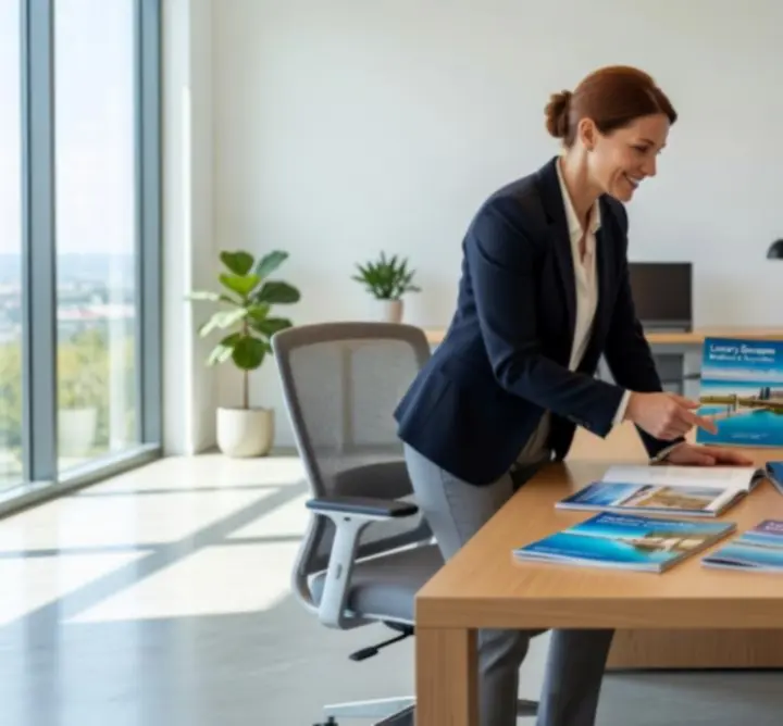 Doradca turystyczny prezentujący klientom na biurku oferty wycieczek i gotowe pakiety podróży